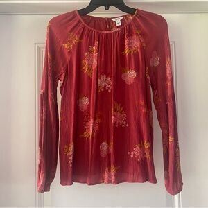 Sonoma Red Orange Flowered Pleated Long Sleeve Peasant Shirt Size Small